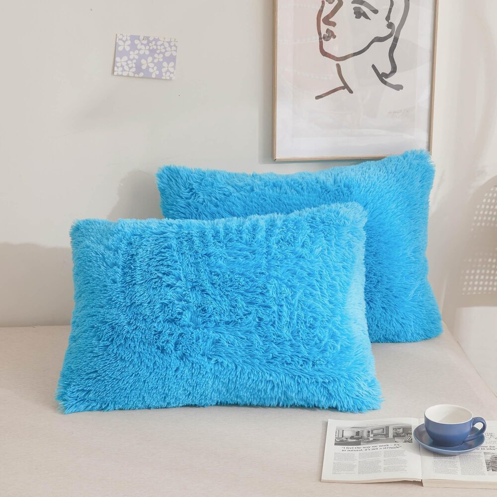 7952 Faux Fur Fluffy Pillow Cases, Soft Plush Shaggy Furry Blue